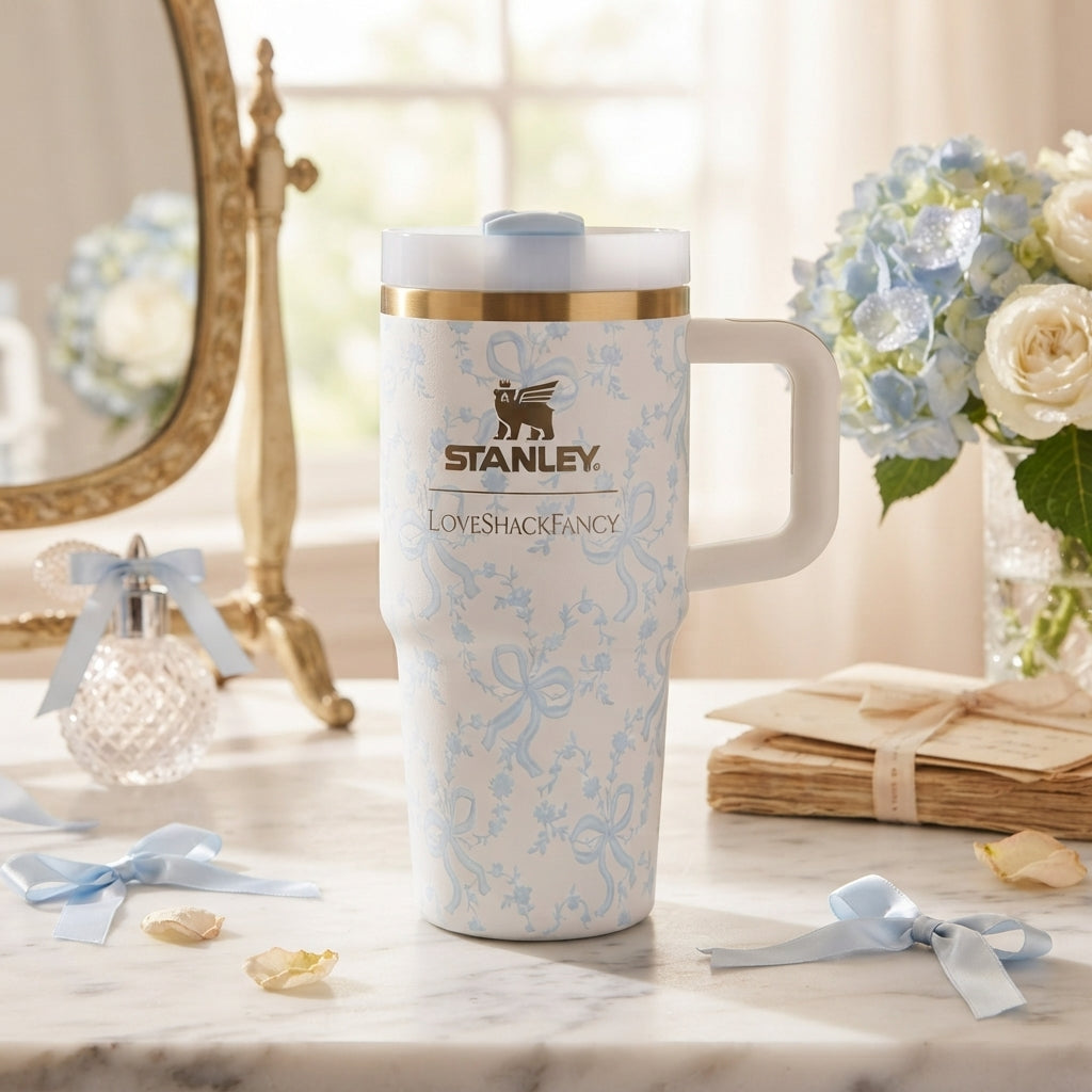 Stanley x LoveShackFancy Insulated Stainless Steel Quencher H2.0 FlowState 20oz Tumbler, White & Blue Bows Floral