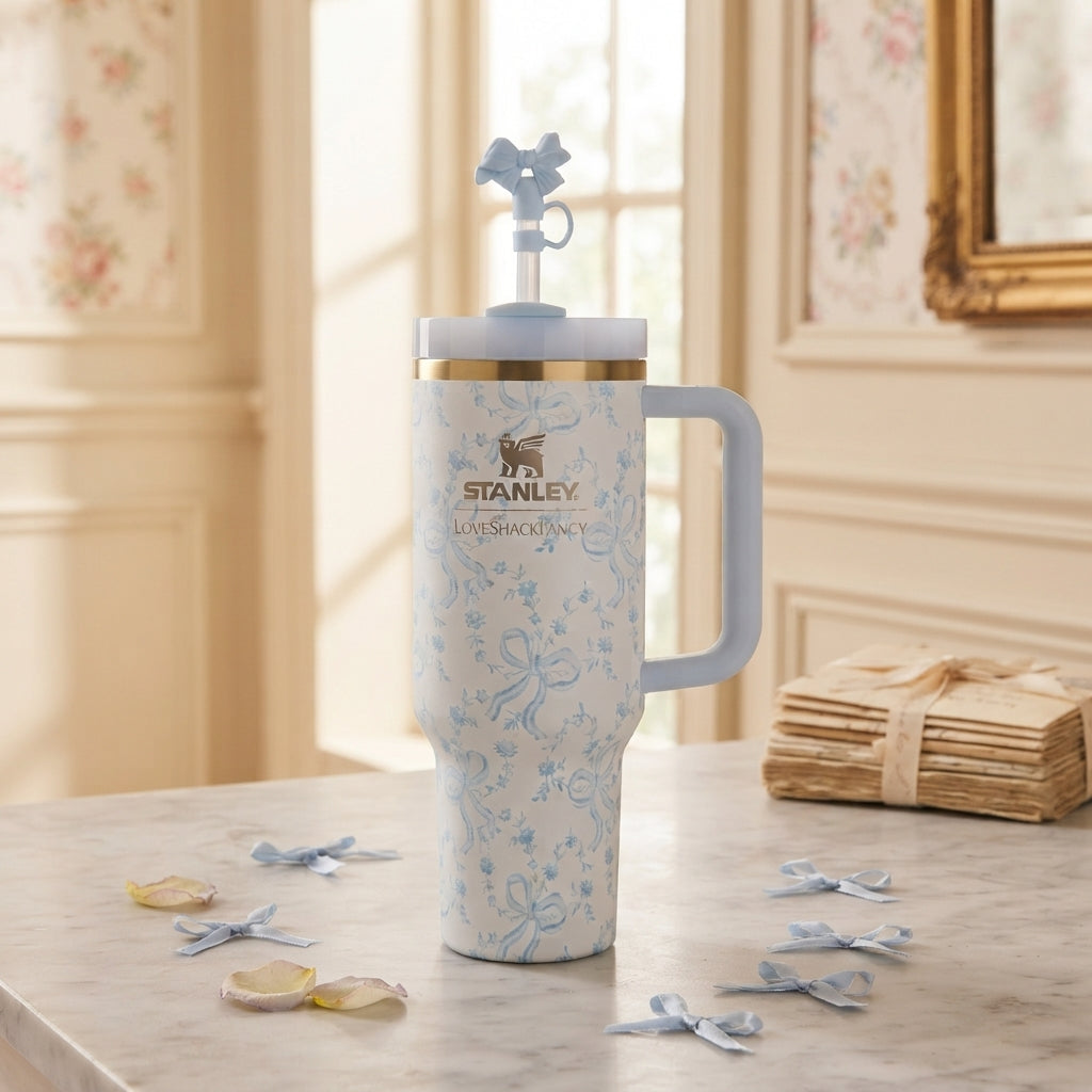 Stanley x LoveShackFancy Insulated Stainless Steel Quencher H2.0 FlowState 40oz Tumbler with Straw, White & Blue Bows Floral