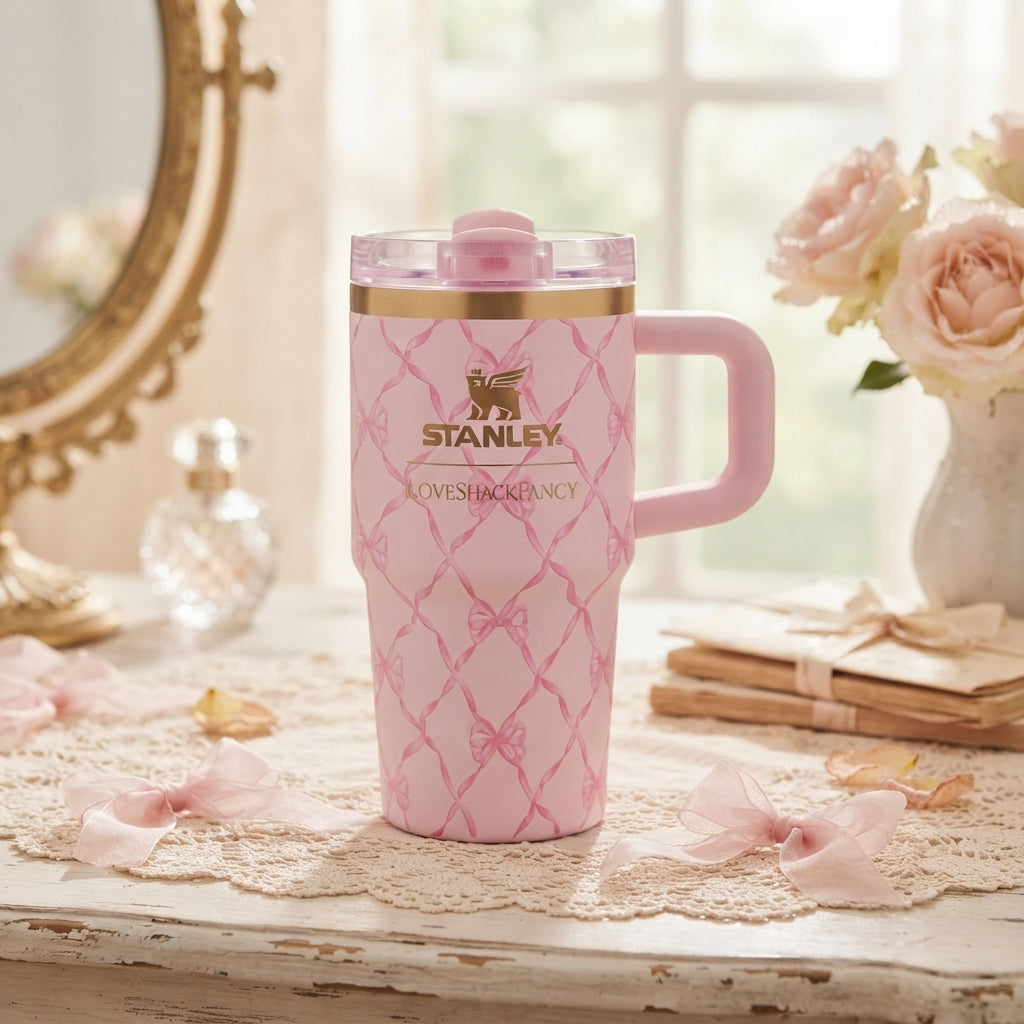 Stanley x LoveShackFancy Insulated Stainless Steel Quencher H2.0 FlowState Tumbler, Pink Bow Lattice