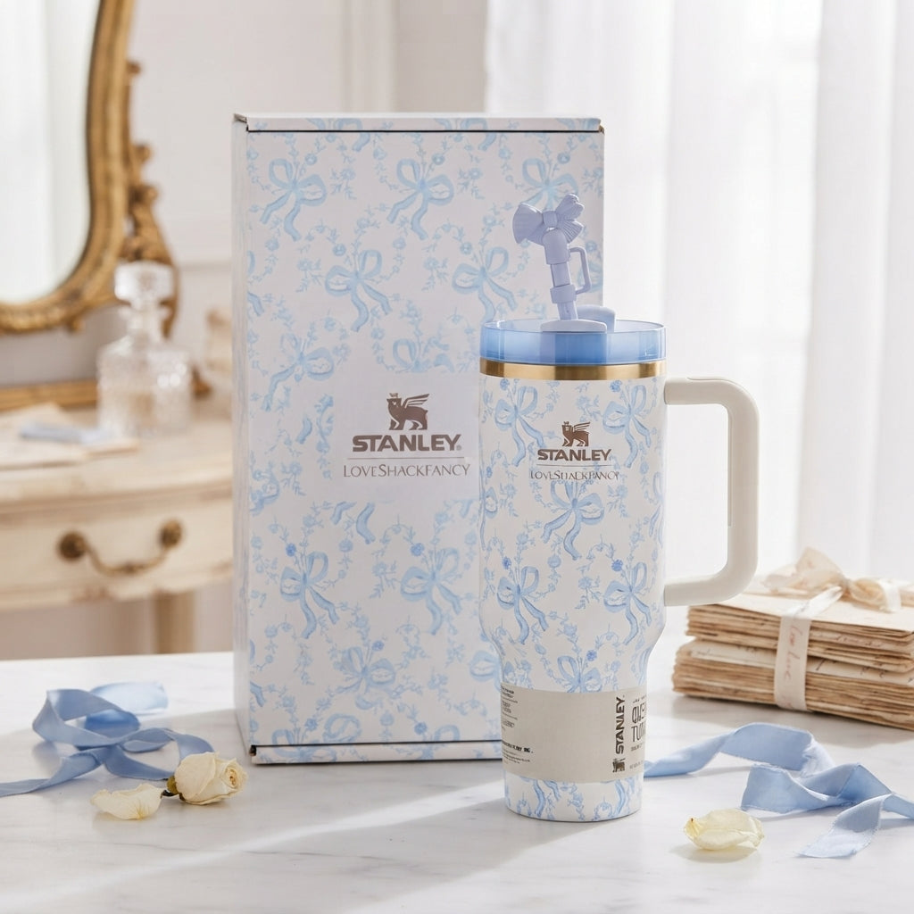 Stanley x LoveShackFancy Insulated Stainless Steel Quencher H2.0 FlowState Tumbler with Straw and Gift Box, Blue Bows