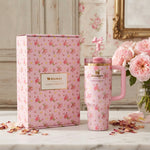 Stanley x LoveShackFancy Insulated Stainless Steel Quencher H2.0 FlowState Tumbler with Straw and Gift Box, Pink Floral Bows