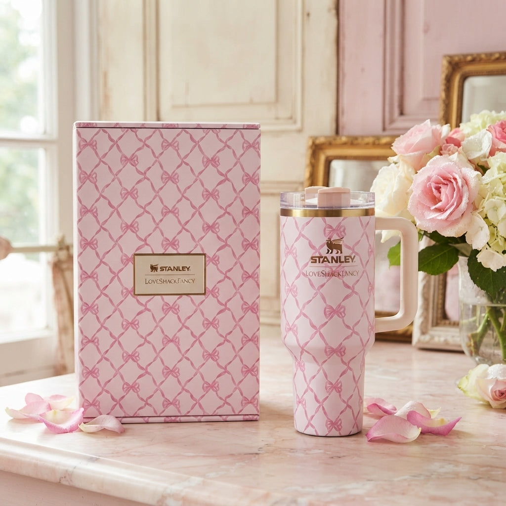 Stanley x LoveShackFancy Insulated Stainless Steel Quencher H2.0 FlowState Tumbler with Straw and Gift Box, Pink Bow Lattice