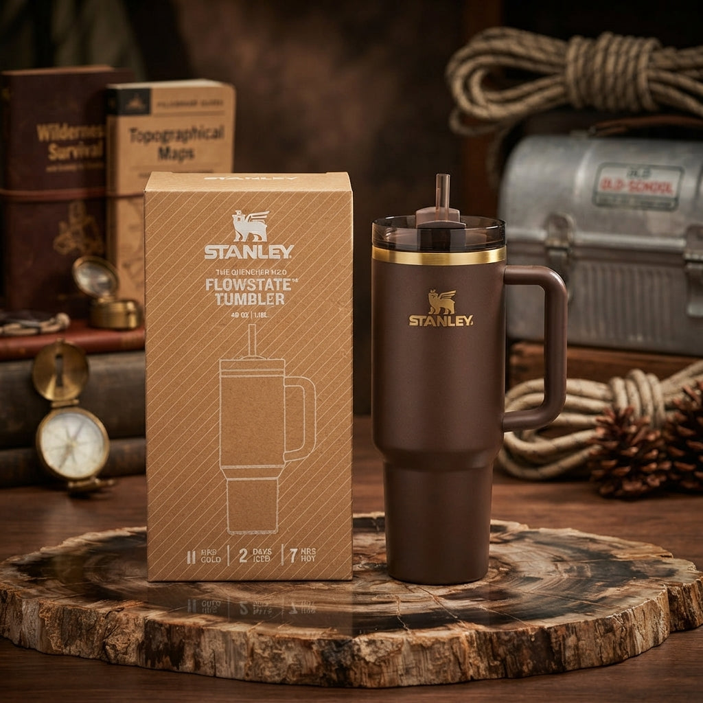 Stanley Quencher H2.0 FlowState Insulated Stainless Steel 40oz Tumbler, Matte Brown with Gold Branding