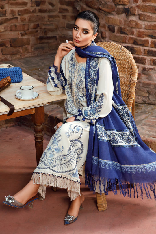 Maria.B 3 Piece Unstitched Heavy Embroidered Dhanak Suit With Printed Woolen Shawl