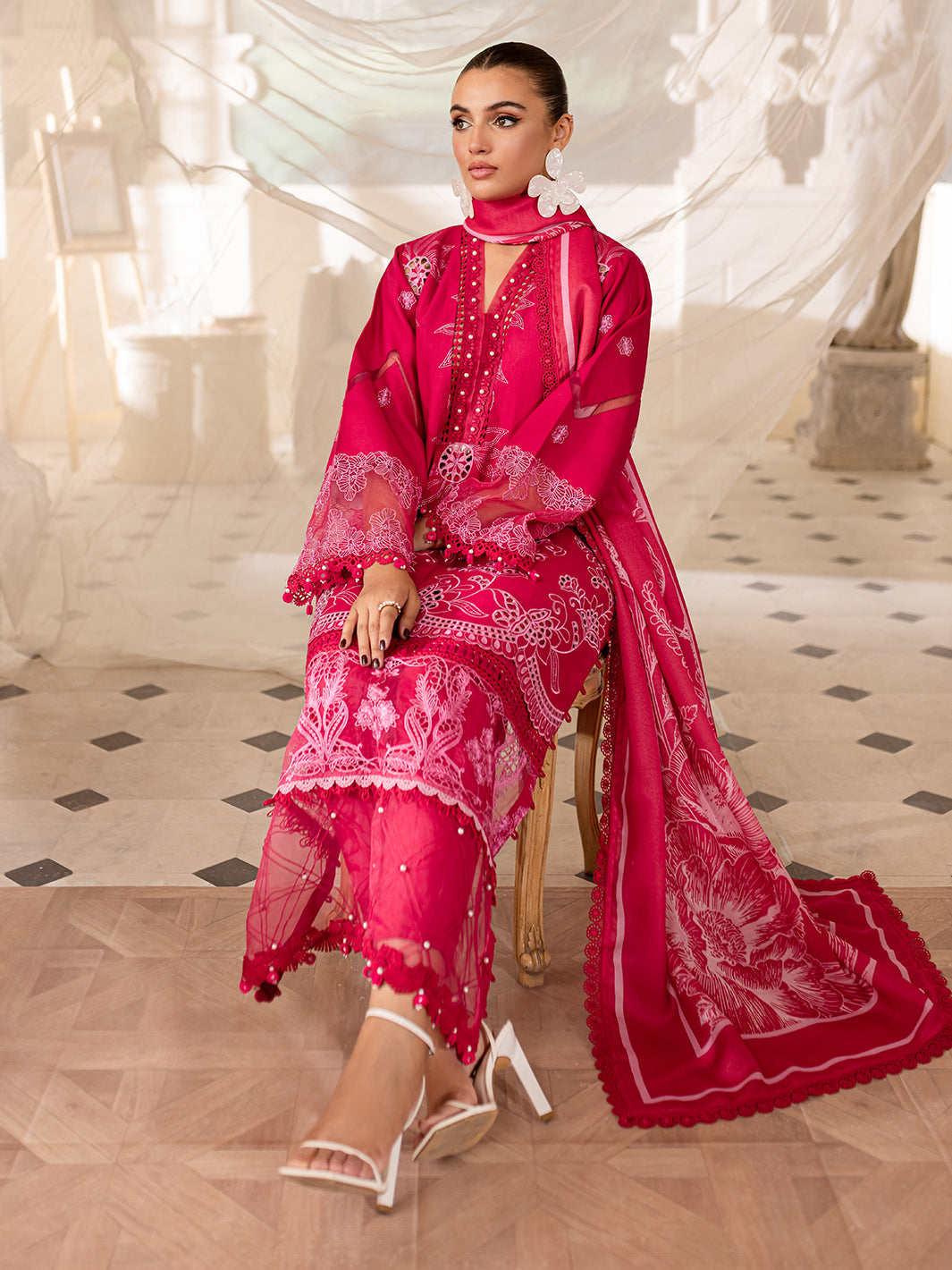 3 PC Embroidered Crepe Suit with Wool Shawl