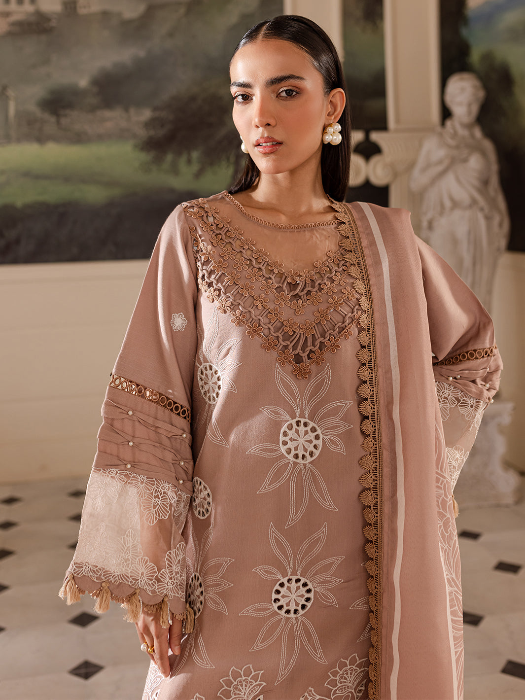 3 PC Embroidered Crepe Suit with Wool Shawl