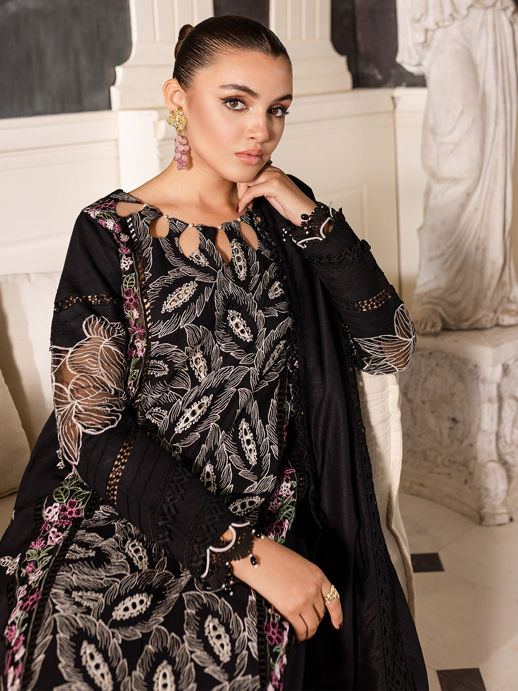 3 PC Embroidered Crepe Suit with Wool Shawl