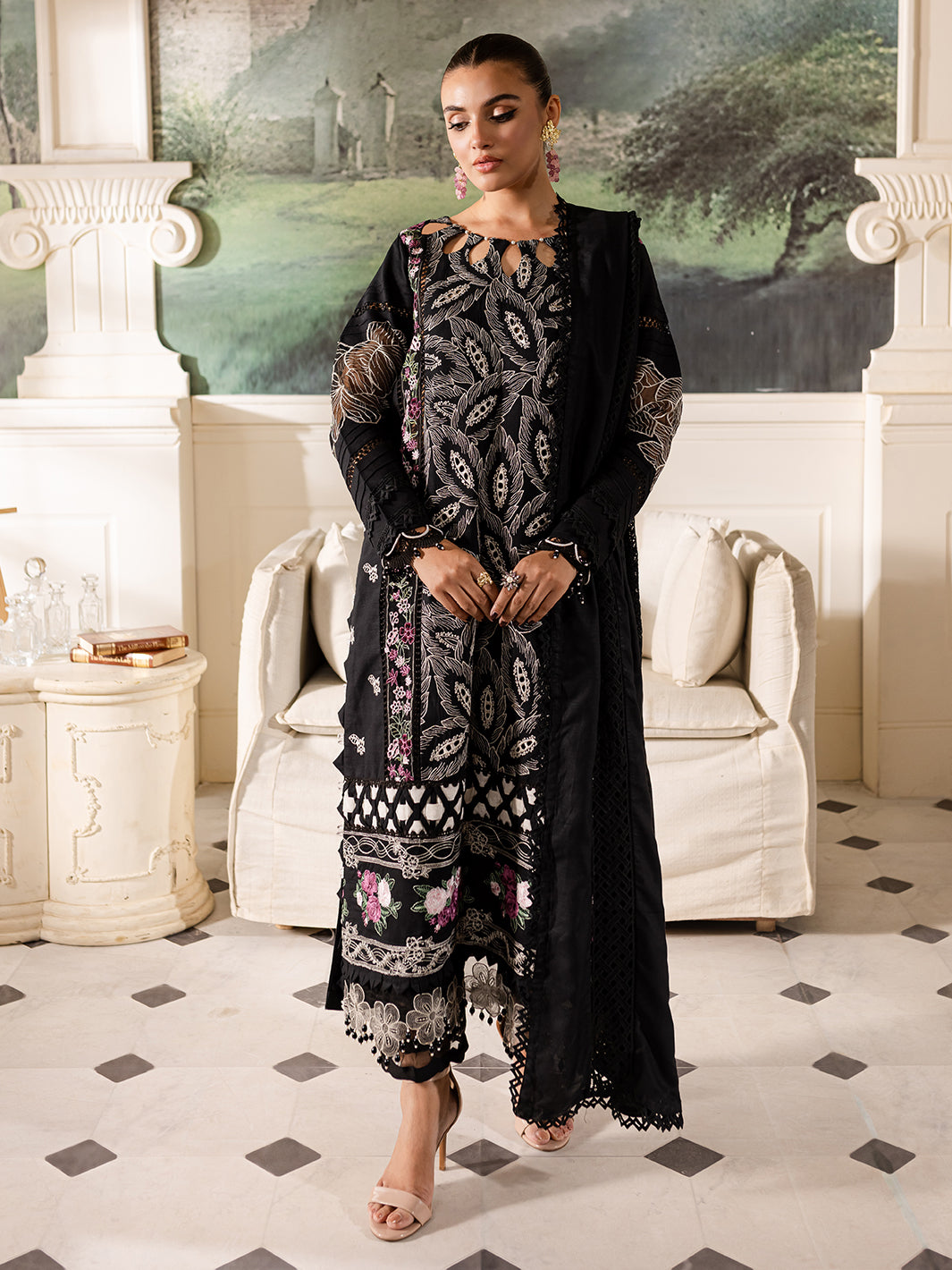 3 PC Embroidered Crepe Suit with Wool Shawl