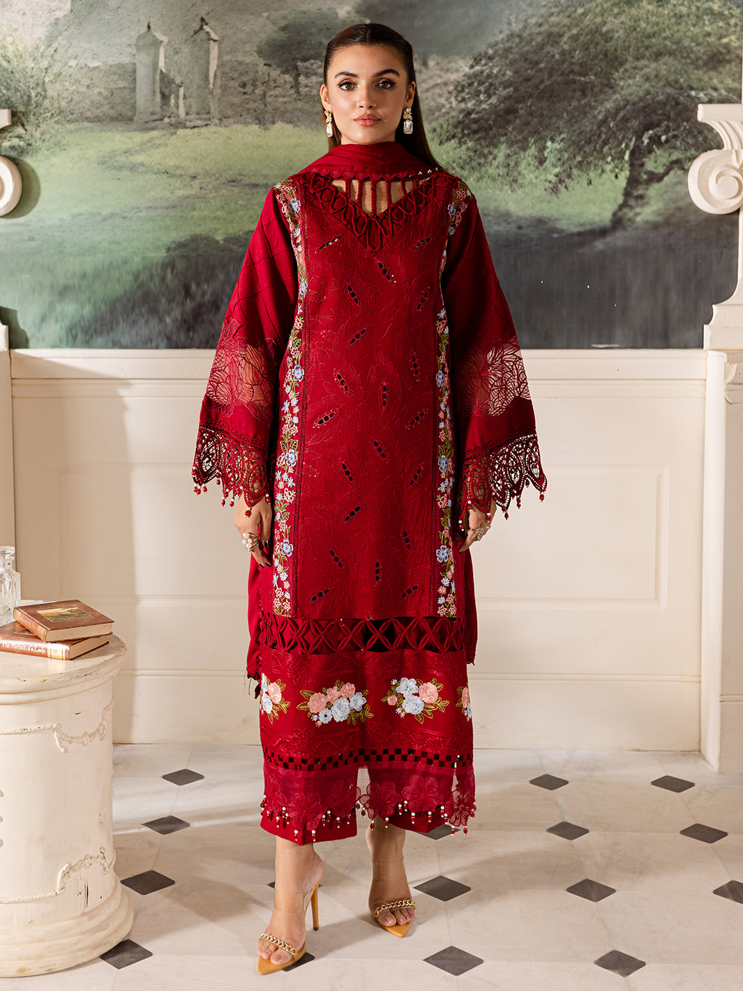 3 PC Embroidered Crepe Suit with Wool Shawl