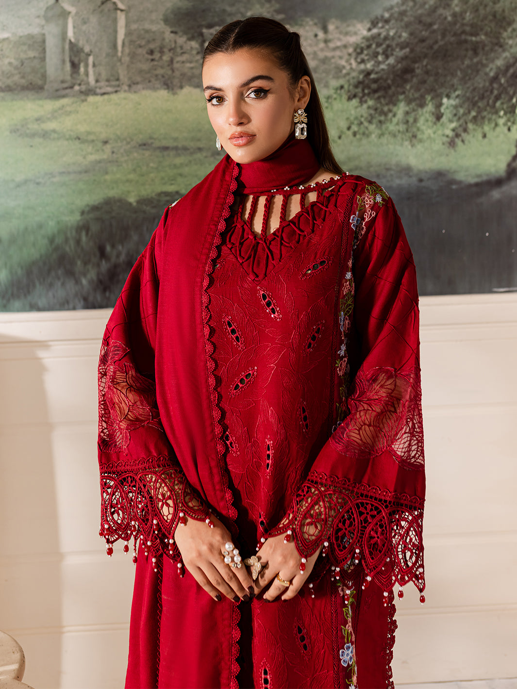 3 PC Embroidered Crepe Suit with Wool Shawl