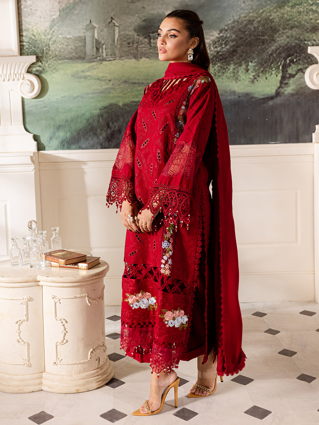 3 PC Embroidered Crepe Suit with Wool Shawl