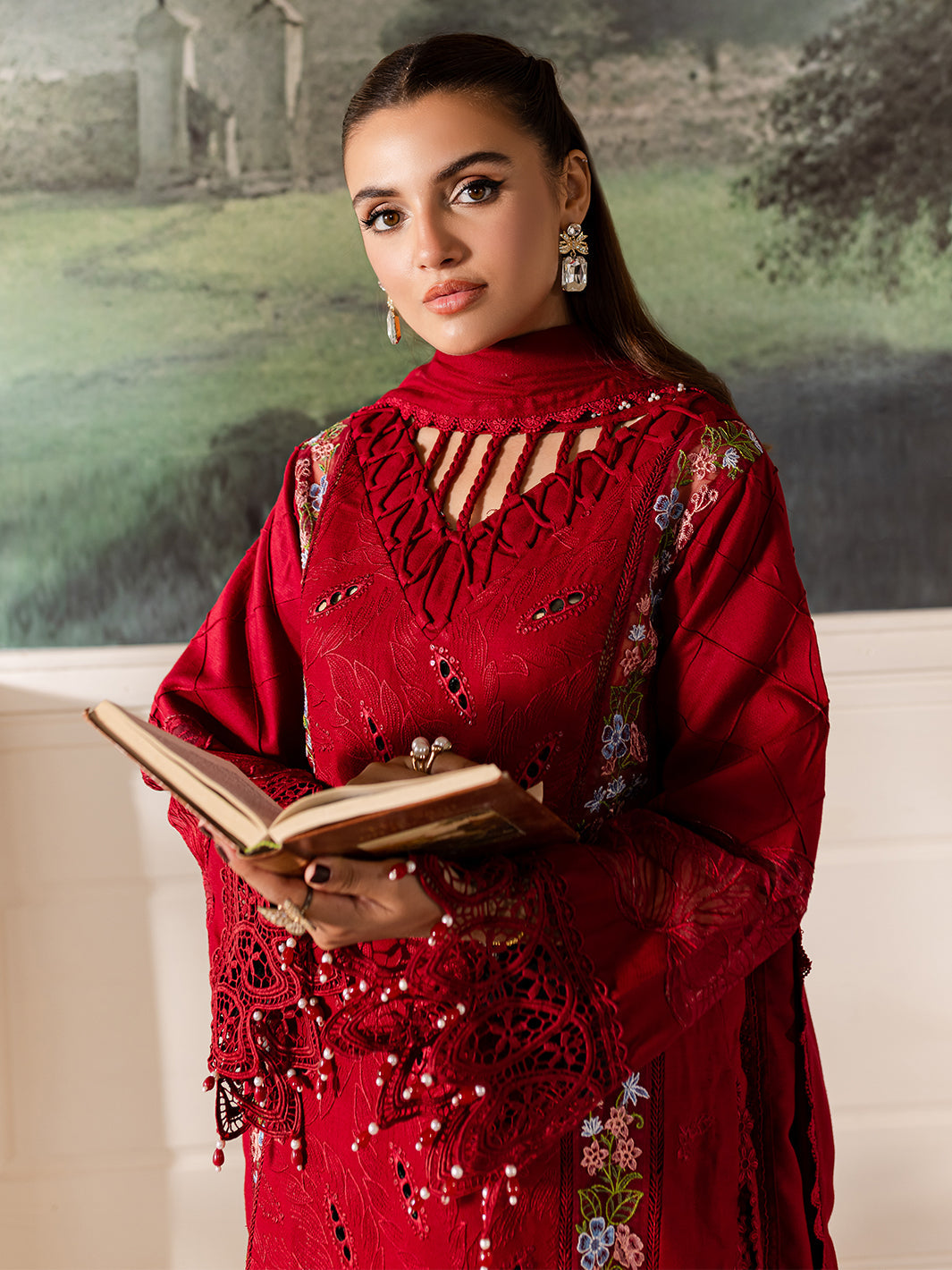 3 PC Embroidered Crepe Suit with Wool Shawl