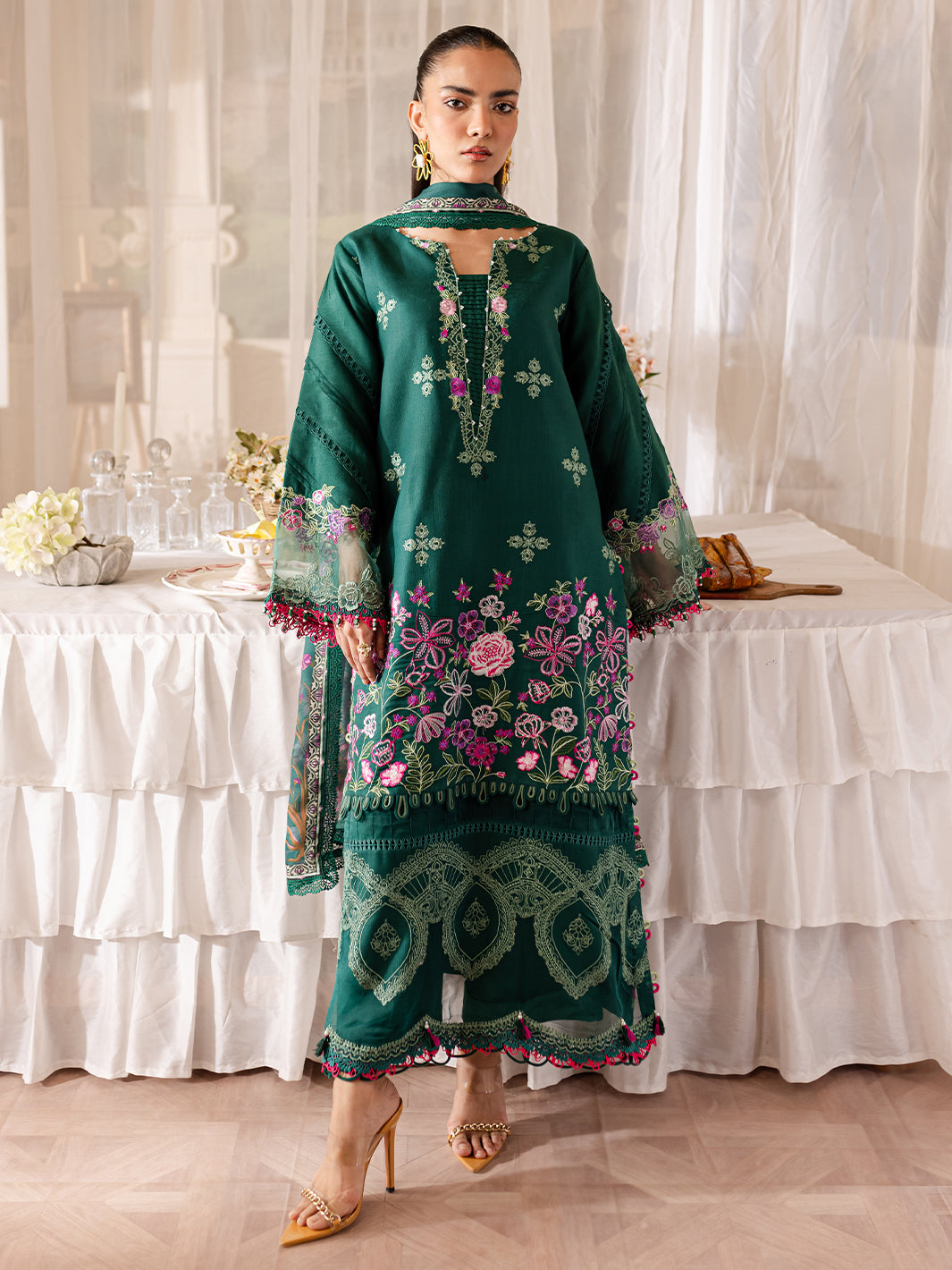 3 PC Embroidered Crepe Suit with Wool Shawl