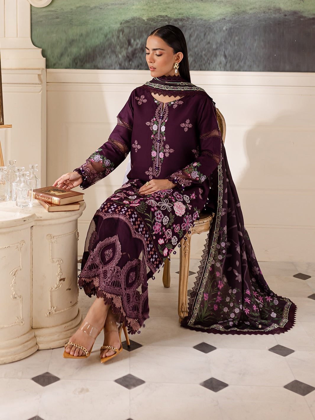 3 PC Embroidered Crepe Suit with Wool Shawl