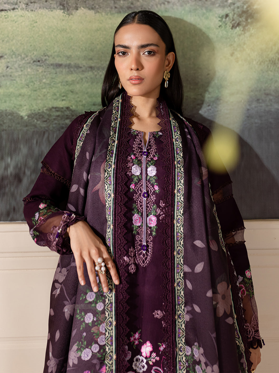 3 PC Embroidered Crepe Suit with Wool Shawl