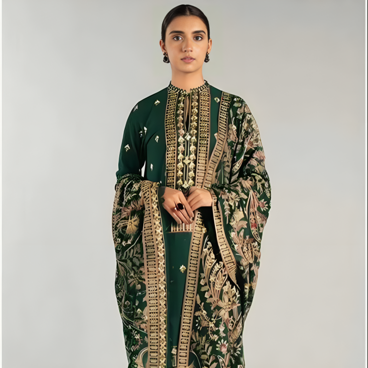 Fully Embroidered 3PC Dress With Dhanak Heavy EMB Shawl