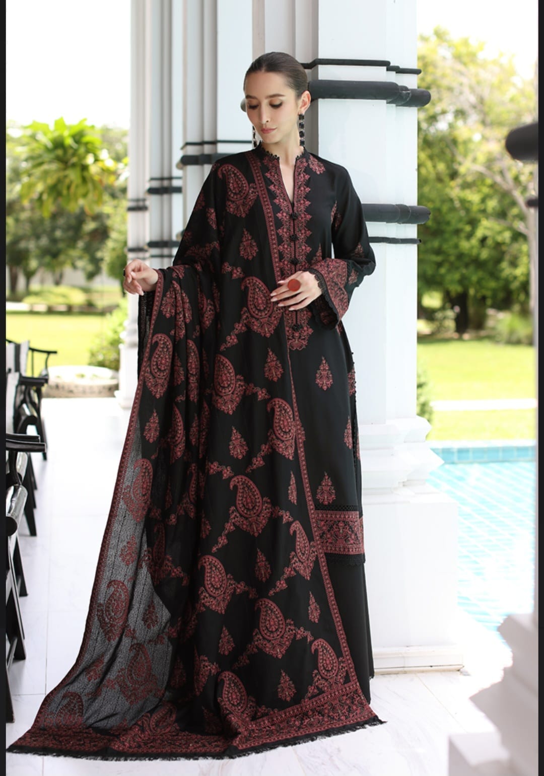 Bareeze 3PC Embroidered Karandi Suit with Heavy Embroidered Shawal