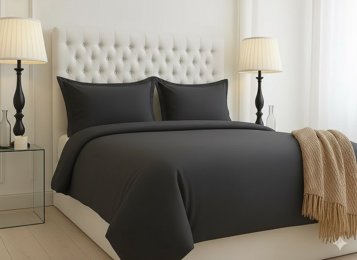 Complete Luxury 4-Piece Black Microfiber Bedding Set including flat sheet, fitted sheet, and pillowcases, highlighting its chic and polished look.