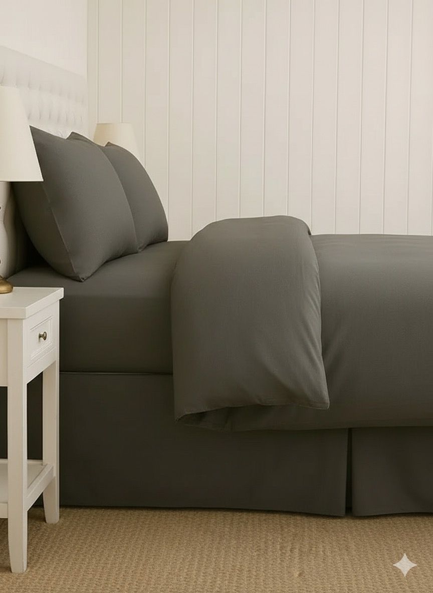 Elegant setup of Luxury 4-Piece Charcoal Microfiber Bedding Set in a stylish bedroom, demonstrating its versatility and timeless design.