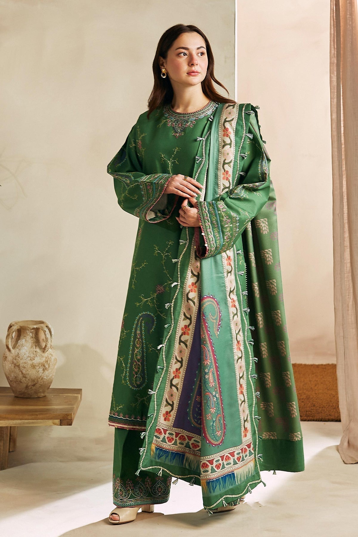 ZARA SHAH JAHAN - 3PC DHANAK EMBROIDERED SHIRT WITH TWILL PRINTED SHAWL AND TROUSER