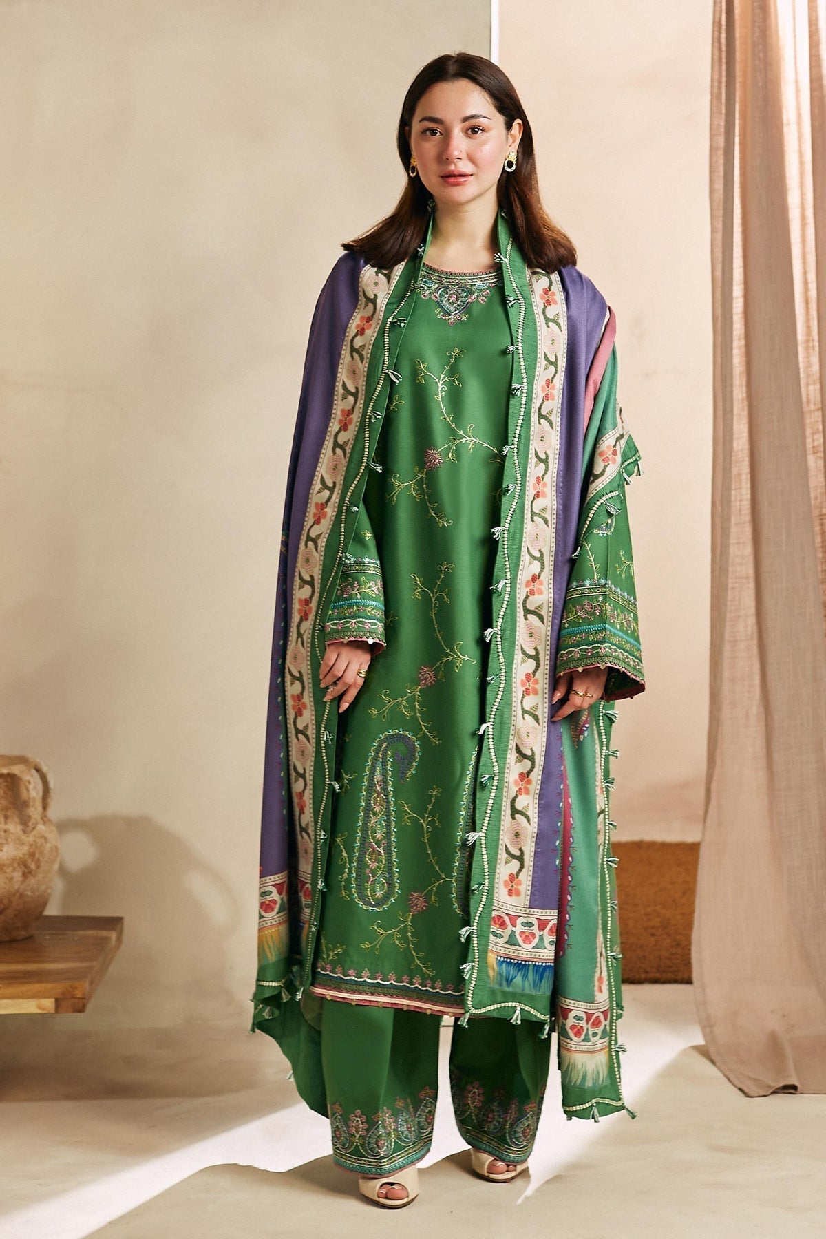 ZARA SHAH JAHAN - 3PC DHANAK EMBROIDERED SHIRT WITH TWILL PRINTED SHAWL AND TROUSER