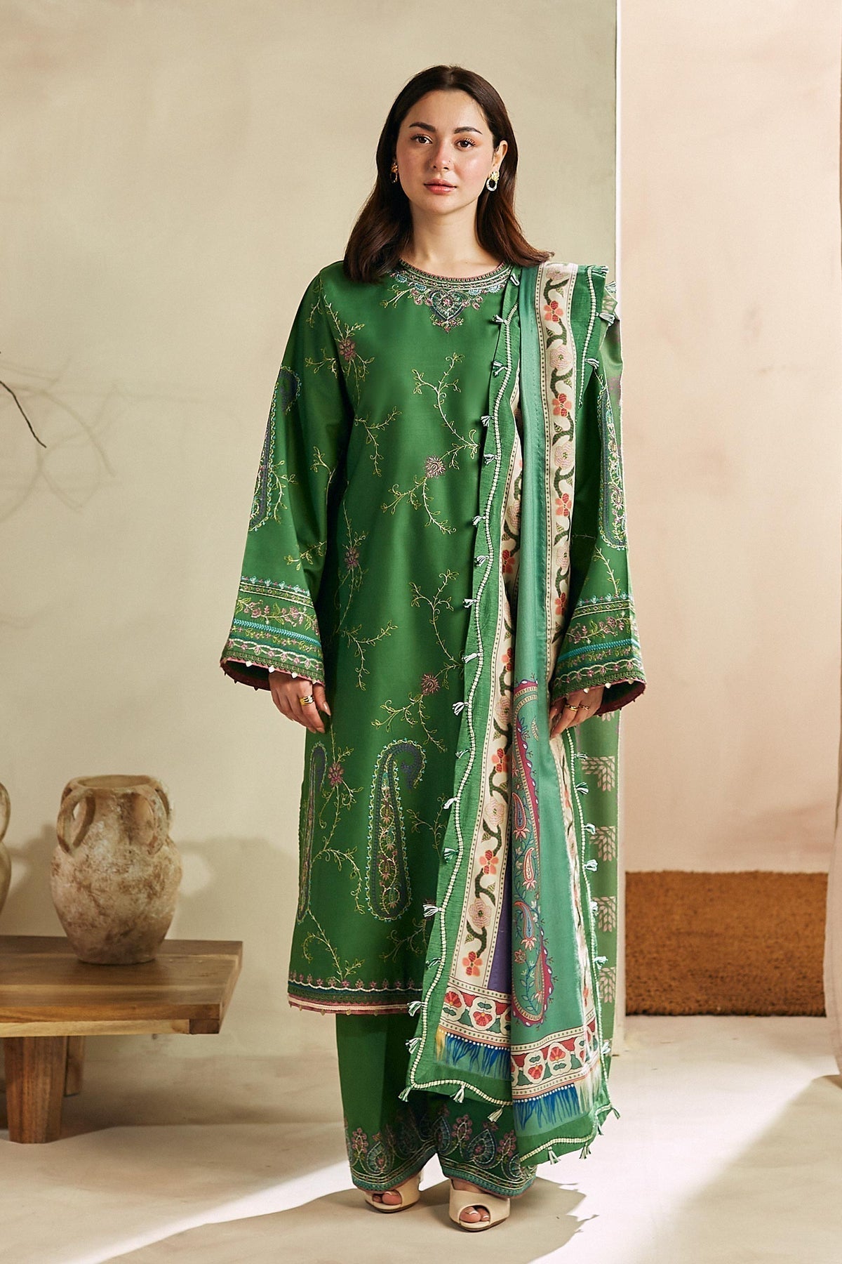 ZARA SHAH JAHAN - 3PC DHANAK EMBROIDERED SHIRT WITH TWILL PRINTED SHAWL AND TROUSER