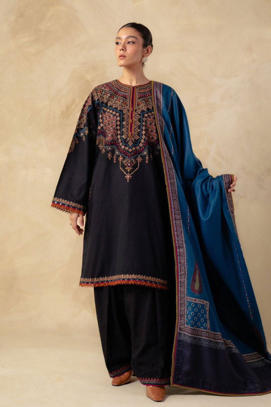 ZARA SHAH JAHAN - 3PC DHANAK EMBROIDERED SHIRT WITH TWILL PRINTED DUAPTTA AND TROUSER -