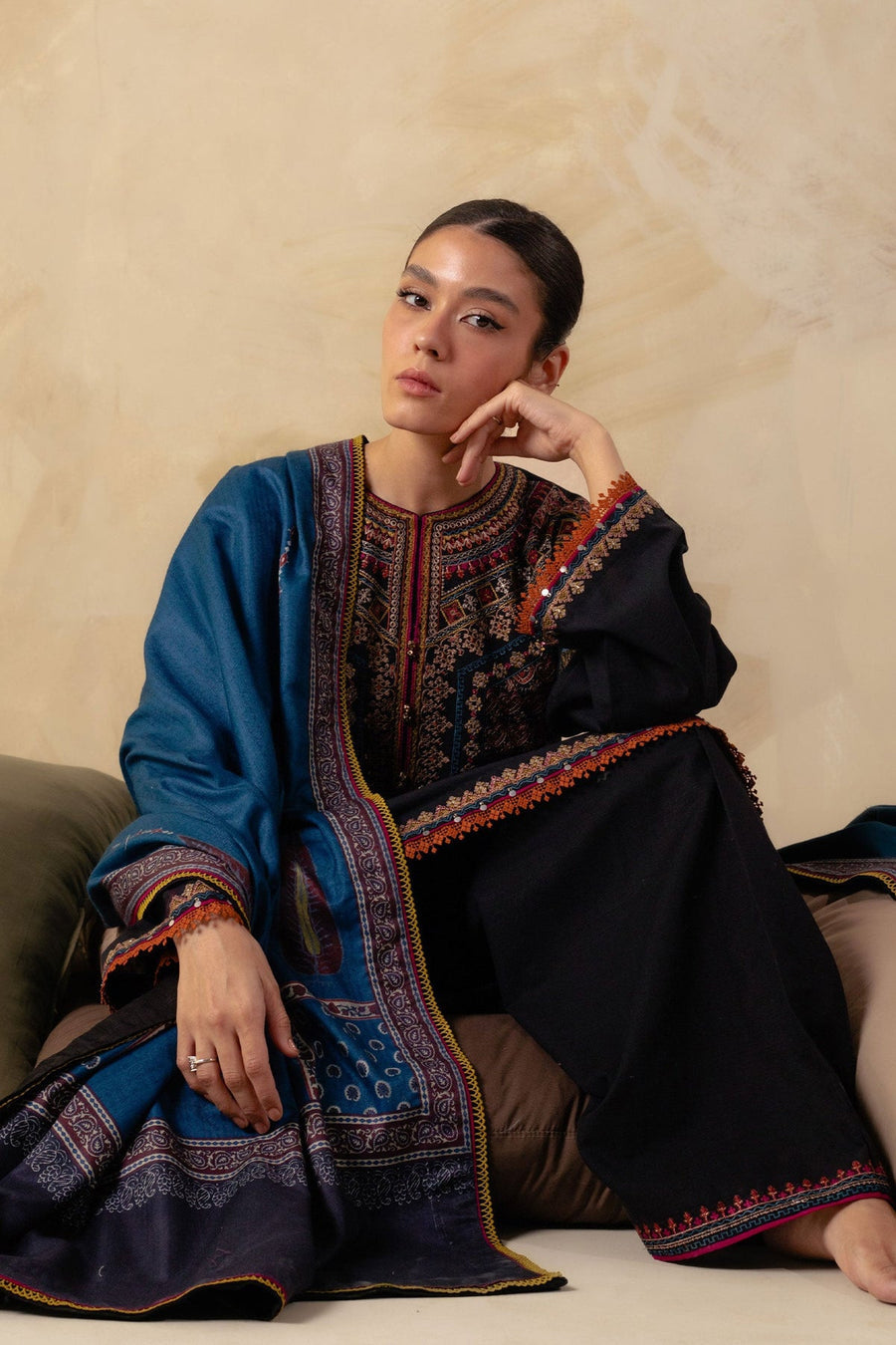 ZARA SHAH JAHAN - 3PC DHANAK EMBROIDERED SHIRT WITH TWILL PRINTED DUAPTTA AND TROUSER -