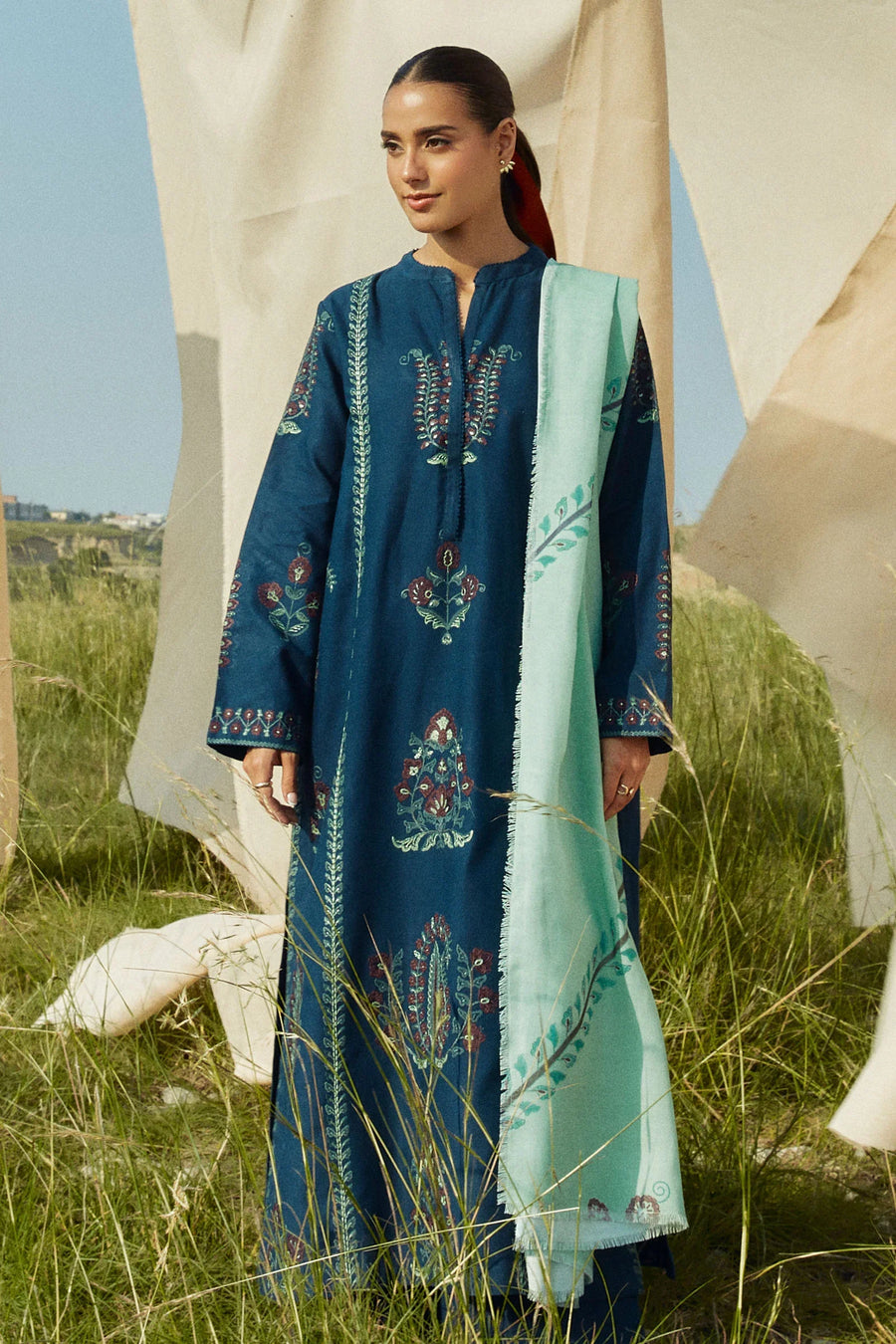 ZARA SHAHJAHAN - 3PC KHADDAR EMBROIDERED SHIRT WITH TWILL PRINTED SHAWL AND TROUSER