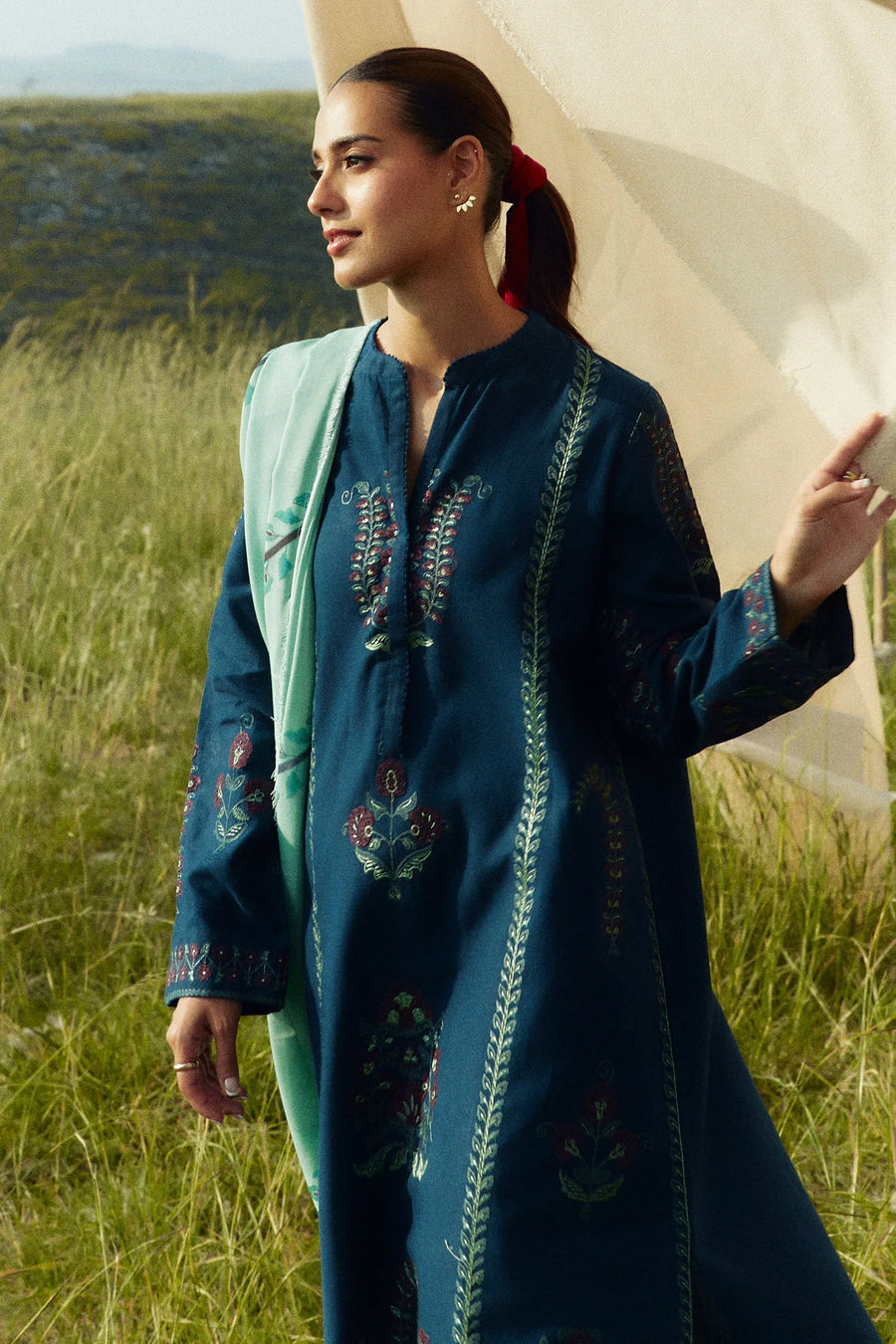 ZARA SHAHJAHAN - 3PC KHADDAR EMBROIDERED SHIRT WITH TWILL PRINTED SHAWL AND TROUSER