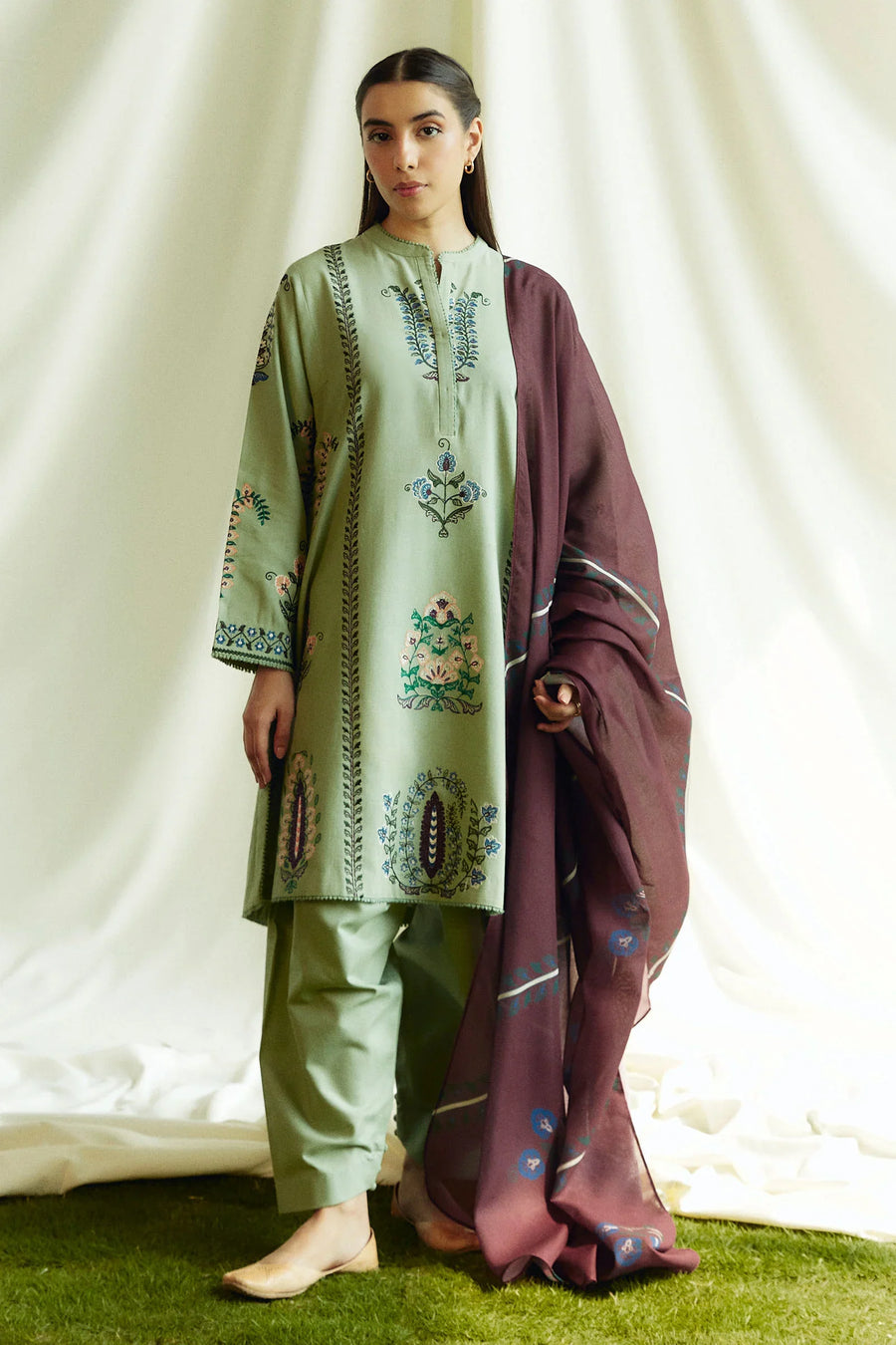 ZARA SHAHJAHAN - 3PC DHANAK EMBROIDERED SHIRT WITH TWILL PRINTED SHAWL AND TROUSER