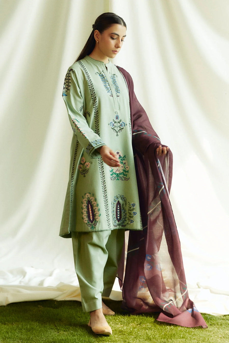 ZARA SHAHJAHAN - 3PC DHANAK EMBROIDERED SHIRT WITH TWILL PRINTED SHAWL AND TROUSER