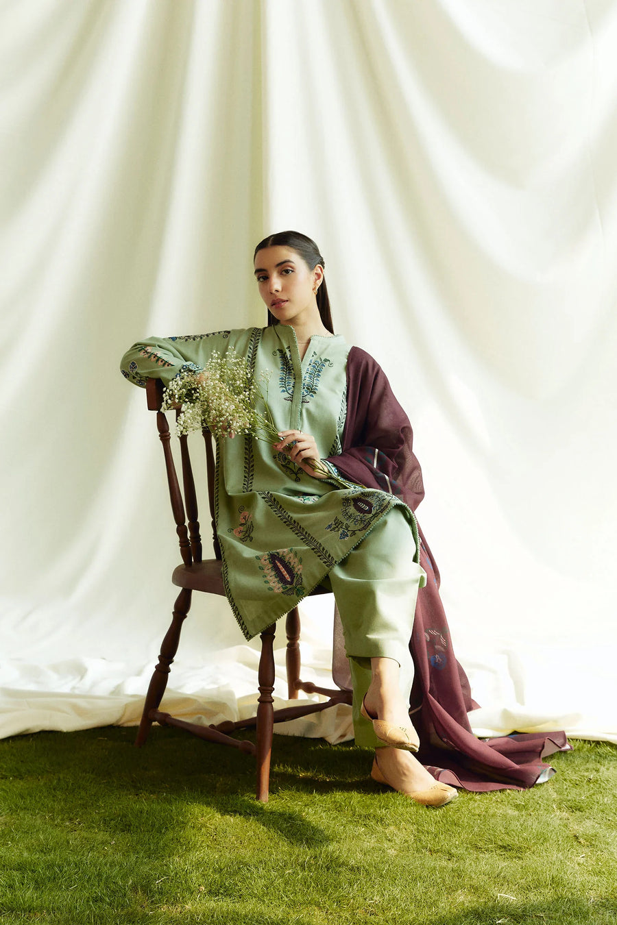 ZARA SHAHJAHAN - 3PC DHANAK EMBROIDERED SHIRT WITH TWILL PRINTED SHAWL AND TROUSER