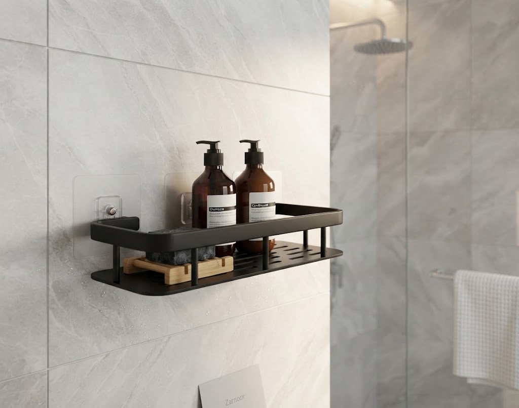 Matte Black Shower Caddy & Adhesive Wall Shelf