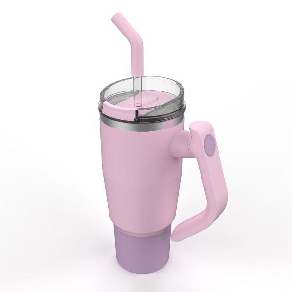Easy Grip Pink Straw Mug featuring a matte pink finish, ergonomic handle, built-in reusable straw, and double-wall insulation for keeping beverages at the ideal temperature.