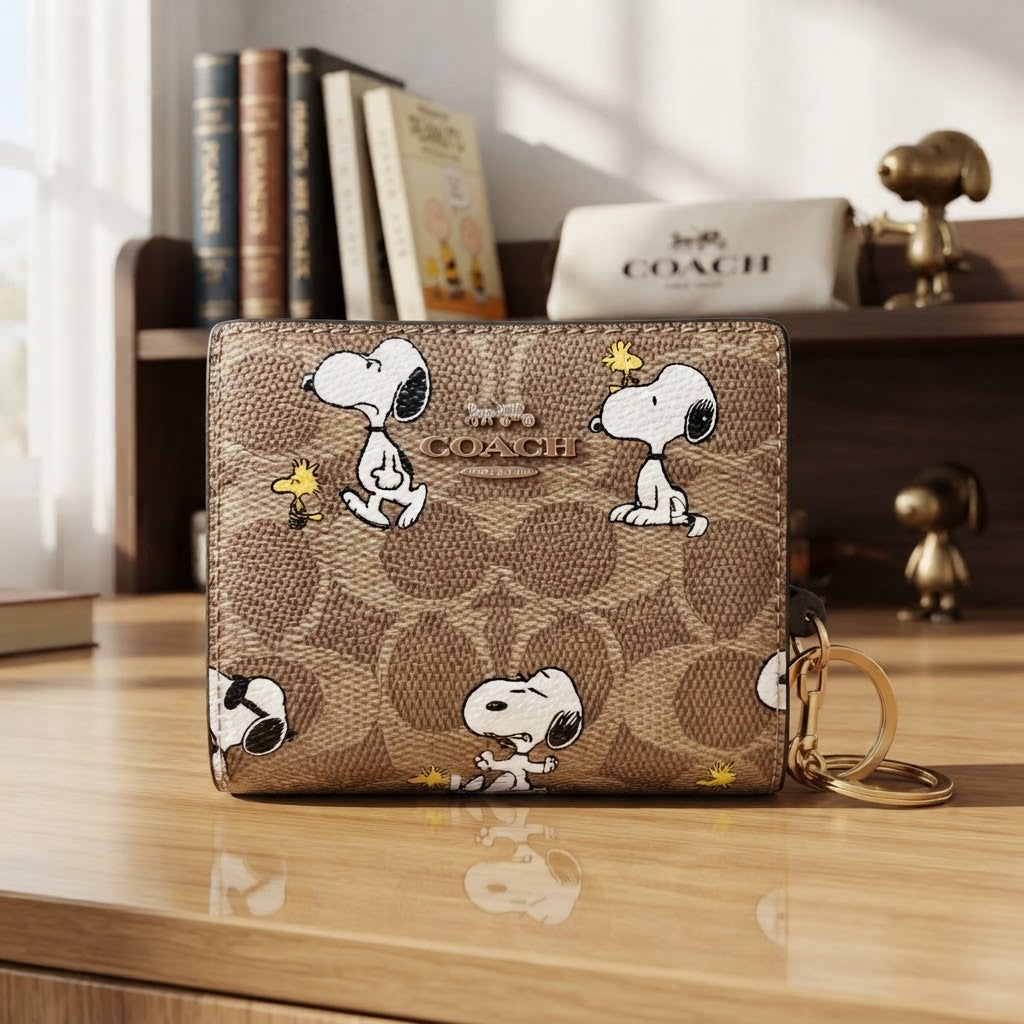 Coach x Peanuts Signature Canvas Snoopy Print Small Wallet with Key Ring