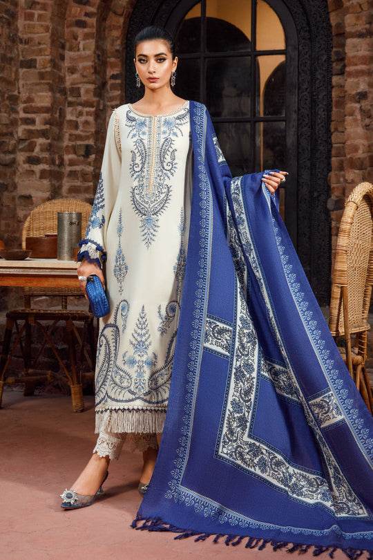 Maria.B 3 Piece Unstitched Heavy Embroidered Dhanak Suit With Printed Woolen Shawl