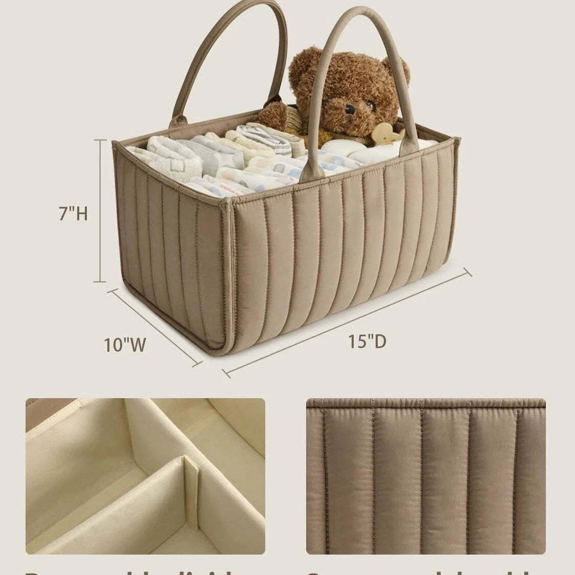 Detailed view of the Baby Soft Beige Fabric Organizer Basket highlighting the soft cotton-blend fabric and reinforced handles.